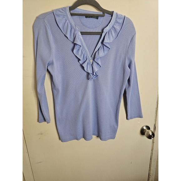 Ralph Lauren Shirt Womens Blue 3/4 Sleeve‎ Preppy Ruffle Ruched V Neck Casual - Picture 1 of 7